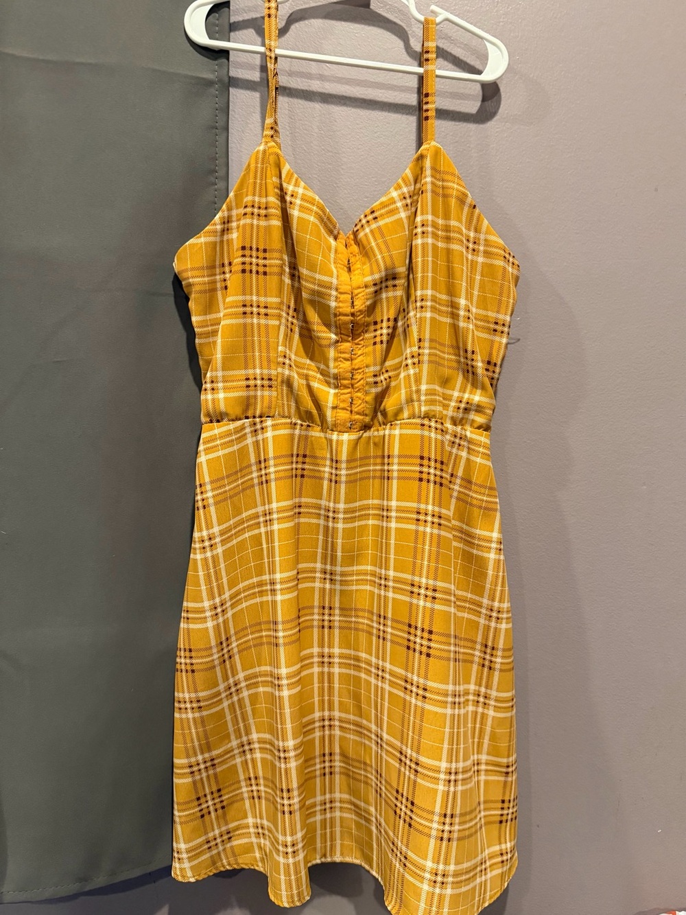 Lily Rose Mustard Plaid Spaghetti-Strap Mini Dress